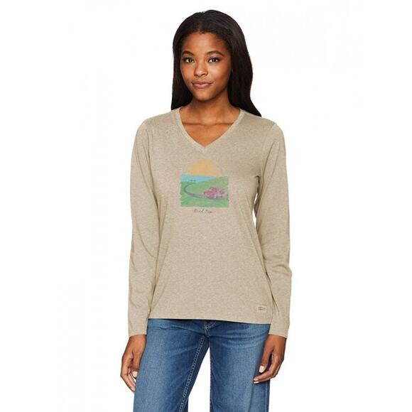 Life is Good Road Trip Crusher Long Sleeve V-Neck Tee Women's L Heather Mocha - Picture 2 of 8
